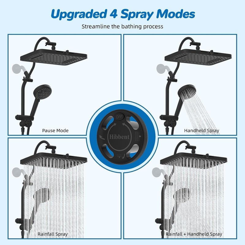 Hibbent cUPC Certified 13'' Shower Head Combo, High Pressure 5 Spray Rainfall Showerhead, 10 Spray Mode Handheld, All Metal Easy Reach 4-way Diverter Arm with Pause Mode, 71'' Hose and Holder, Black - Image 4